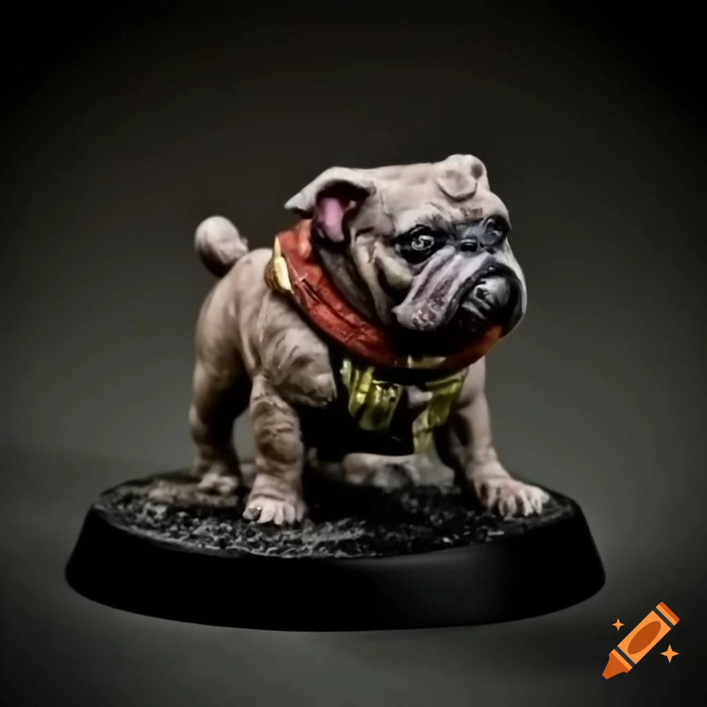 Tabletop miniature of a pug with demonic features inspired by Slaanesh from Warhammer 40k