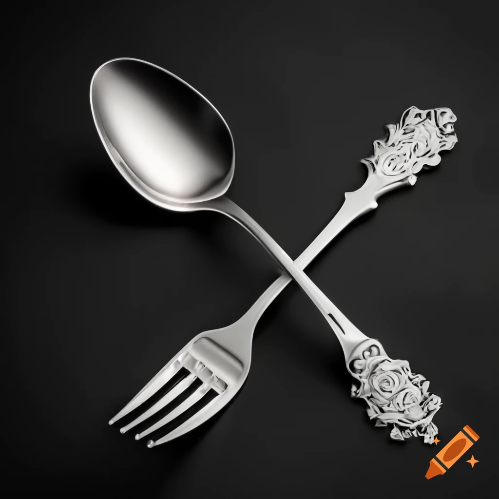 Cutlery set with floral engravings including fork, knife, soup spoon, and coffee spoon