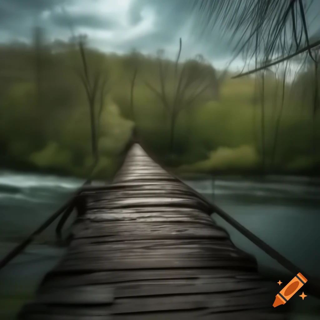 Old wooden bridge over river in spring with an ominous mood on Craiyon