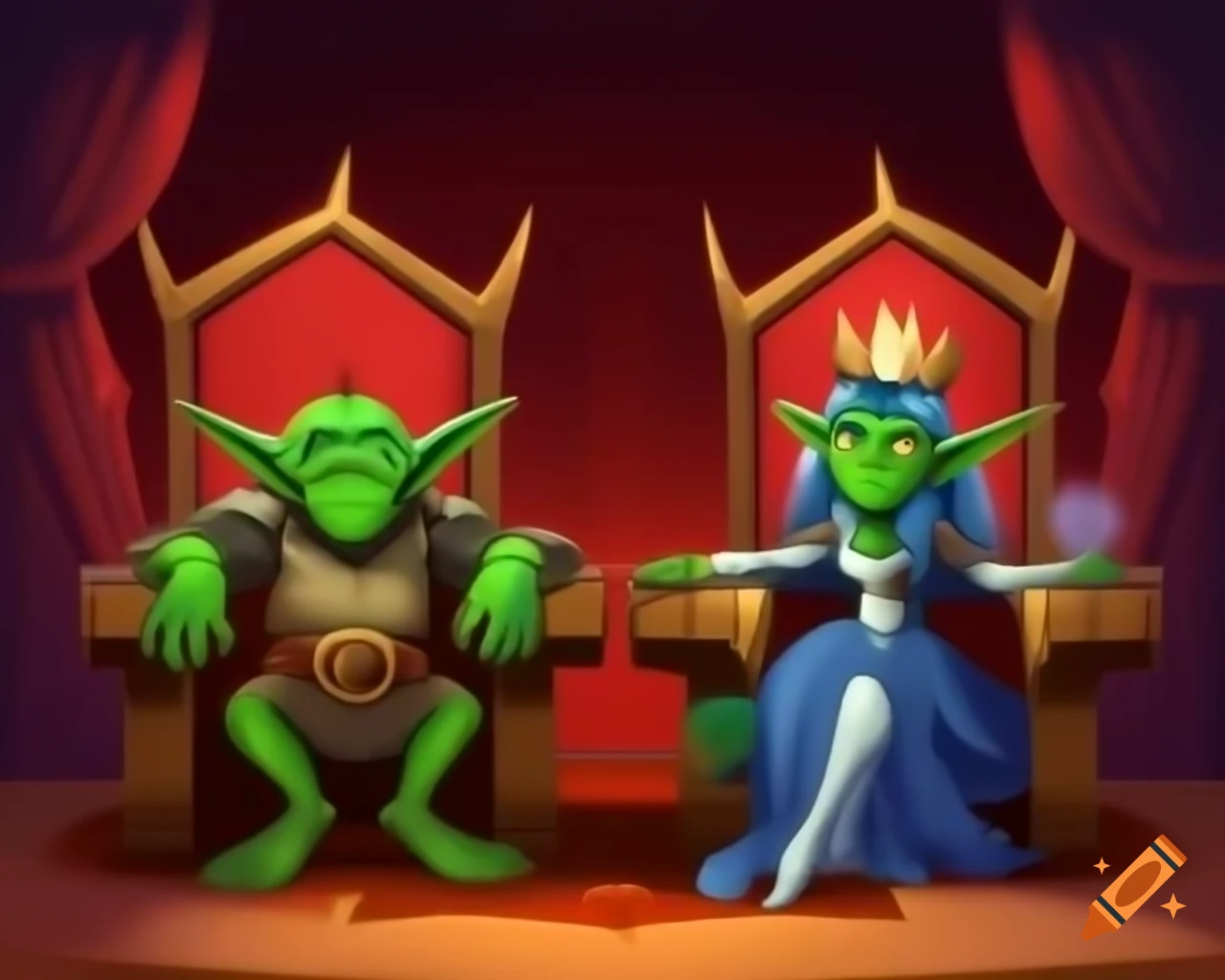 Playful green-skinned goblin king and queen in anime throne room