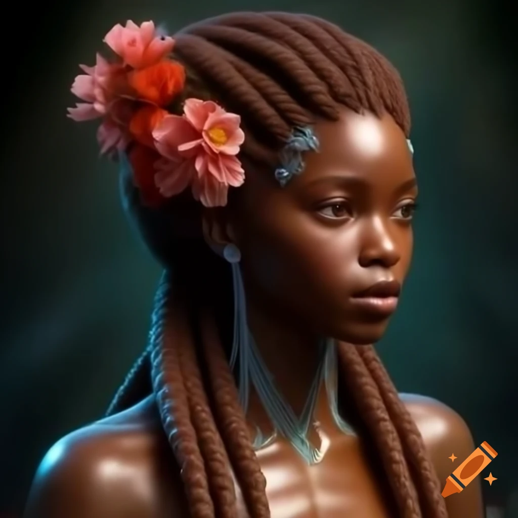 African mermaid with flowers in her hair in 3D style