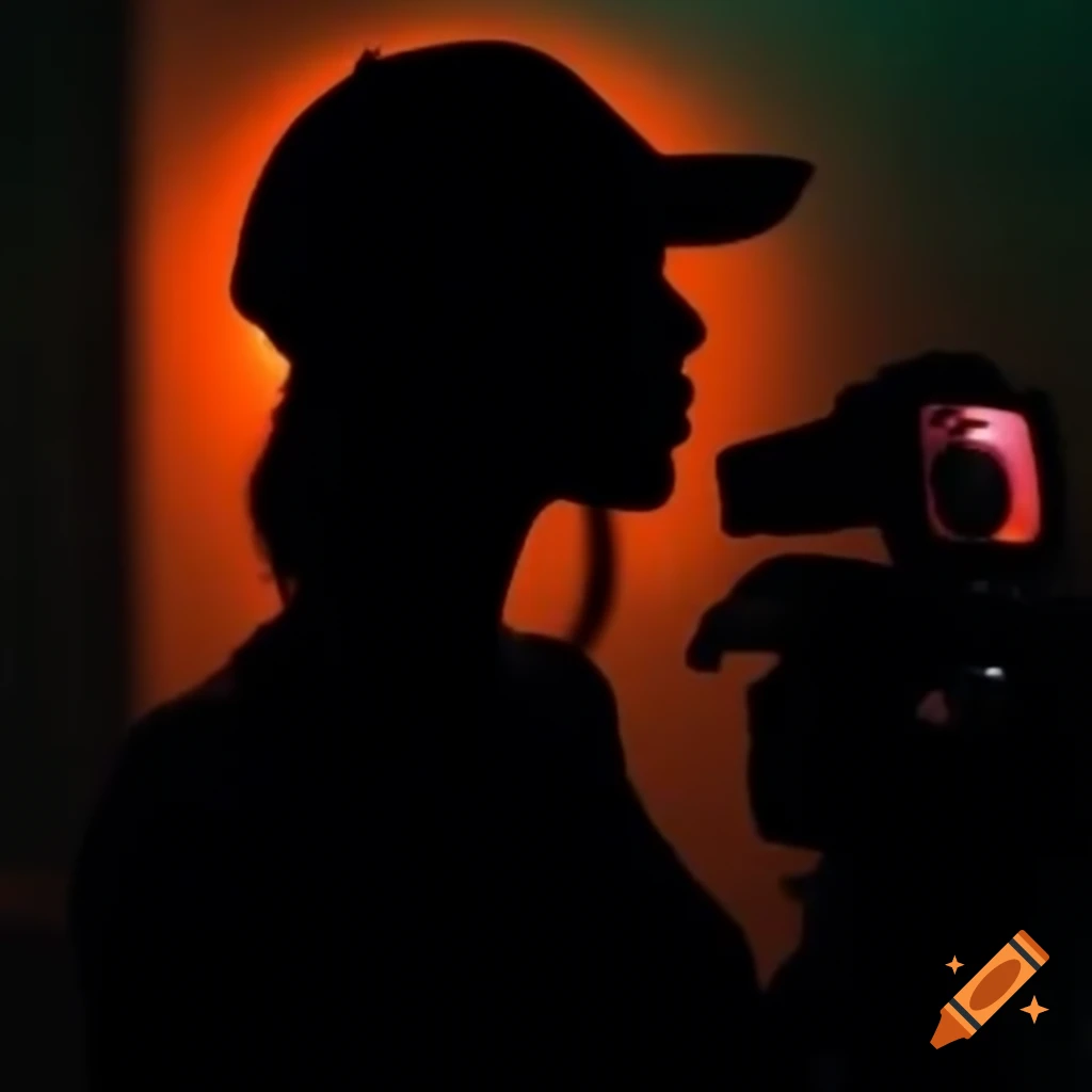Silhouette of woman with cap and ponytail holding video camera