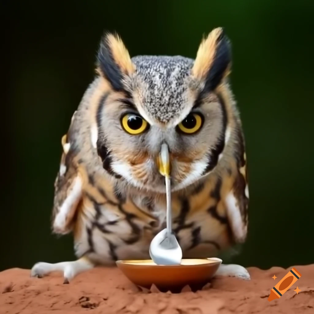 Angry owl with mouse ears eating on bed, claymation art style