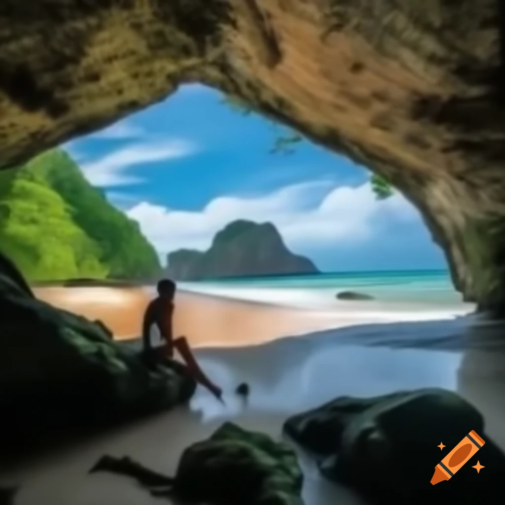 Thick forest with lush green vegetation leading to a beach beside a cliff with a cave for reflection