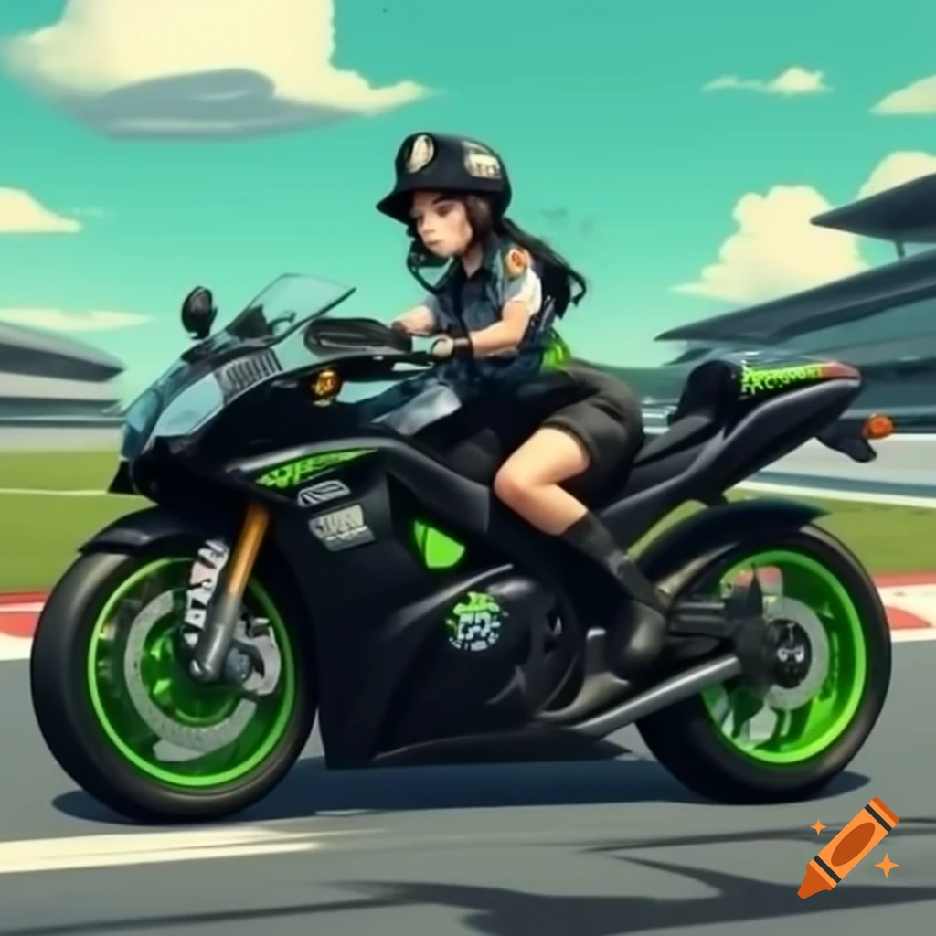 Brunette girl in police uniform riding black motorcycle with green ...