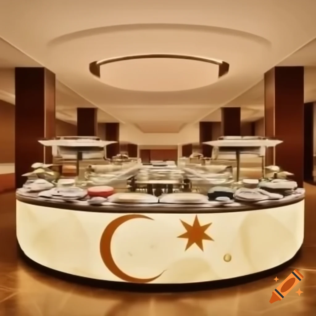 Salad buffet counter design in five-star hotel banquet hall with various table shapes