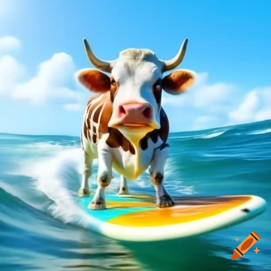 Cow surfing on a surfboard