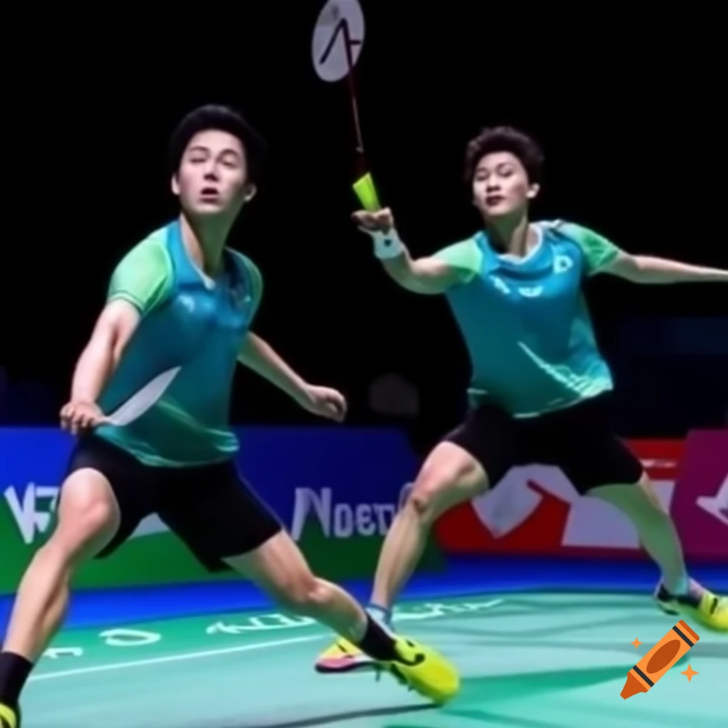 Two badminton players in motion on indoor court
