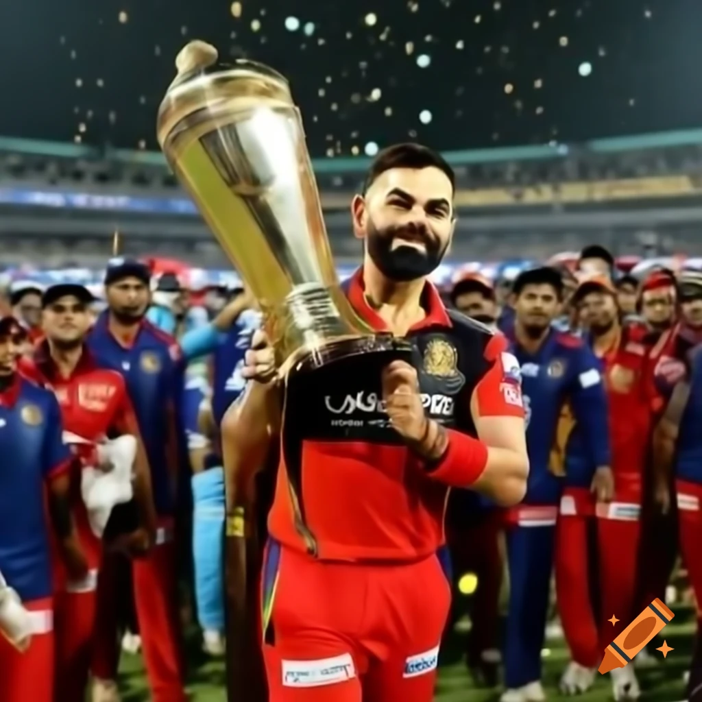 Royal Challengers Bengaluru cricket team celebrating IPL championship victory with Virat Kohli lifting trophy