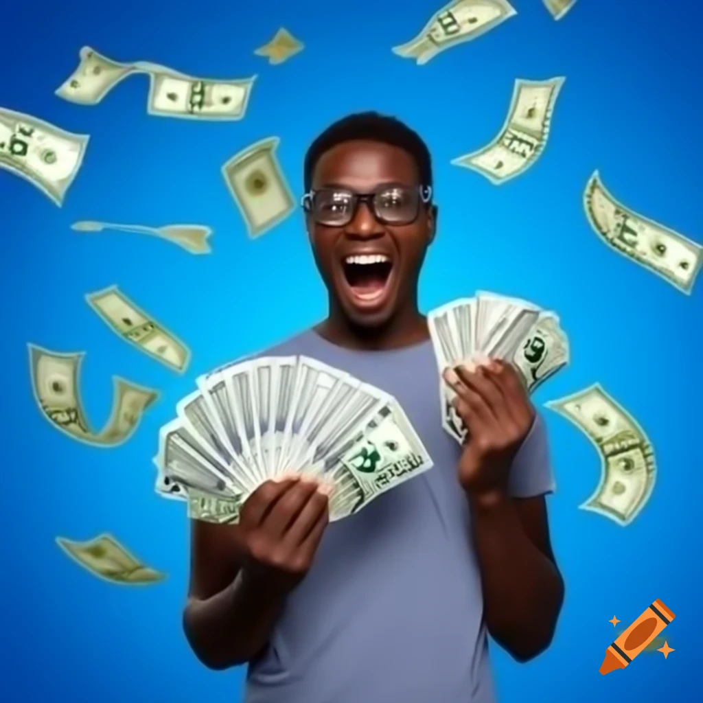 African male celebrating with money on gradient blue background