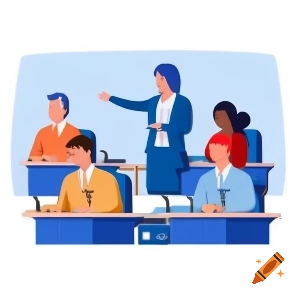 Public speaking debate in classroom with audience and microphones