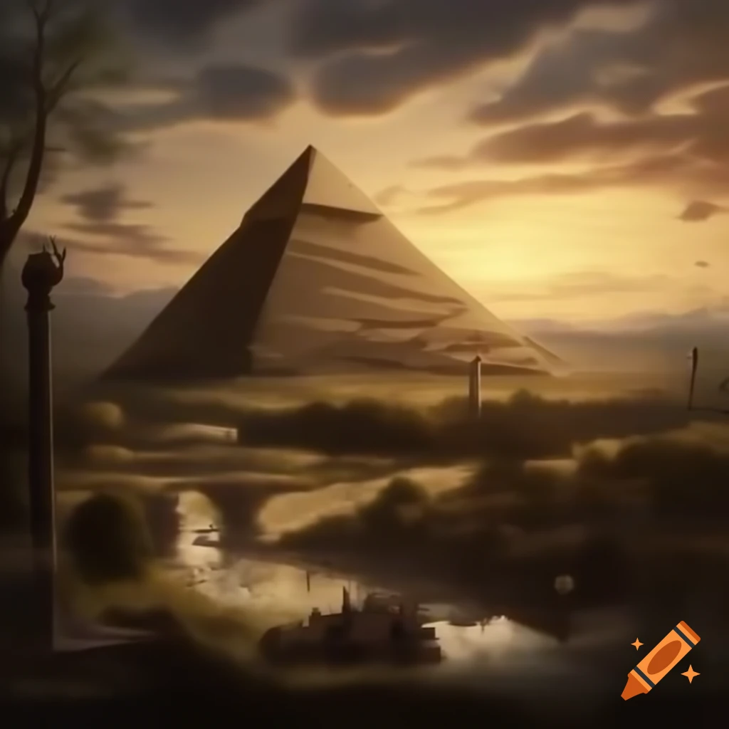 Historical illustration featuring Egyptian pyramids and a pharaoh on aged parchment