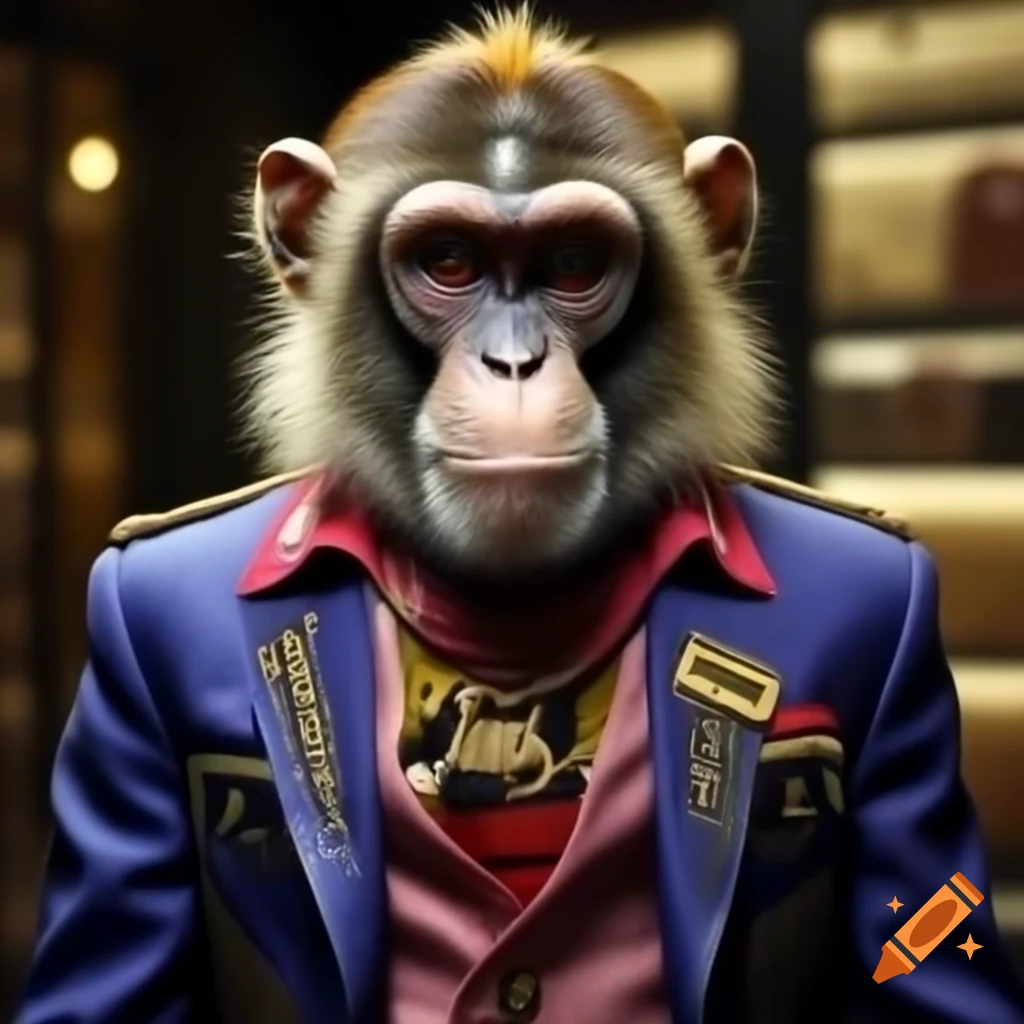 Realistic monkey wearing Gucci and Balmain in designer clothing shop