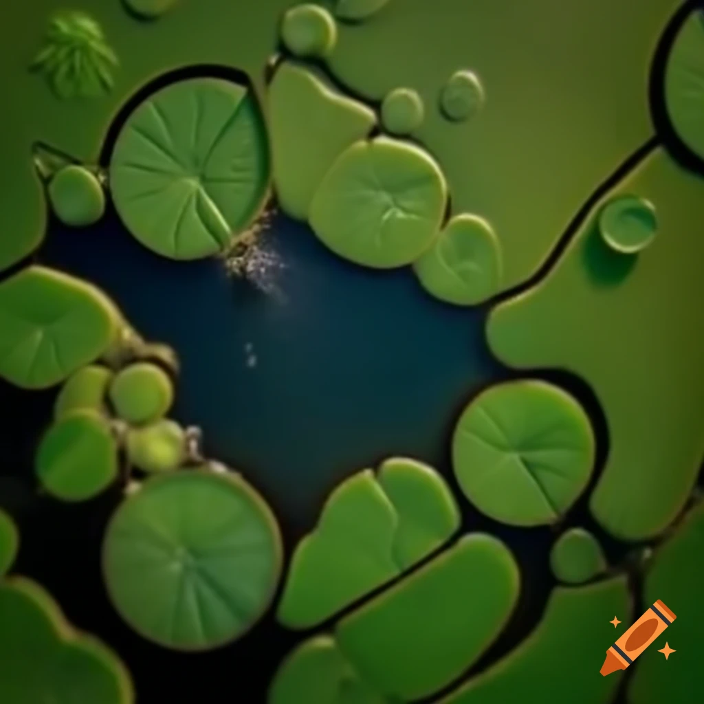 Top view of bubbles popping on murky pond surface with lily pads