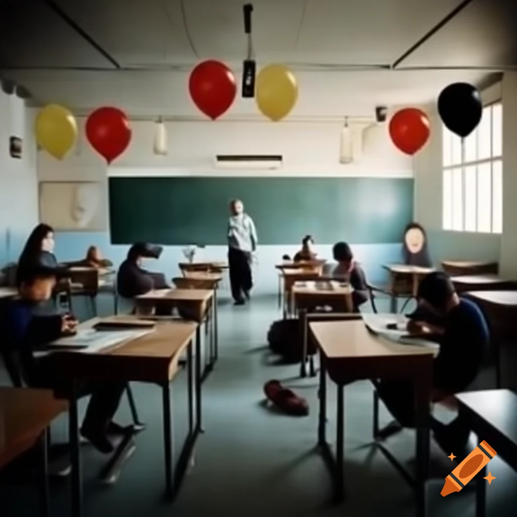 Realistic classroom workshop with people creating balloon art using tools and colorful balloons