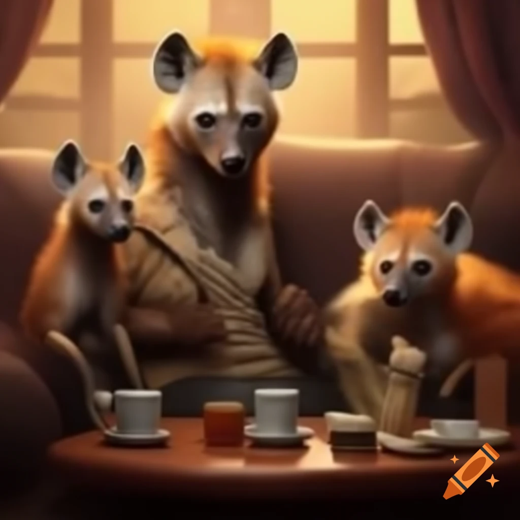 Hyenas socializing and drinking tea while sitting on couches