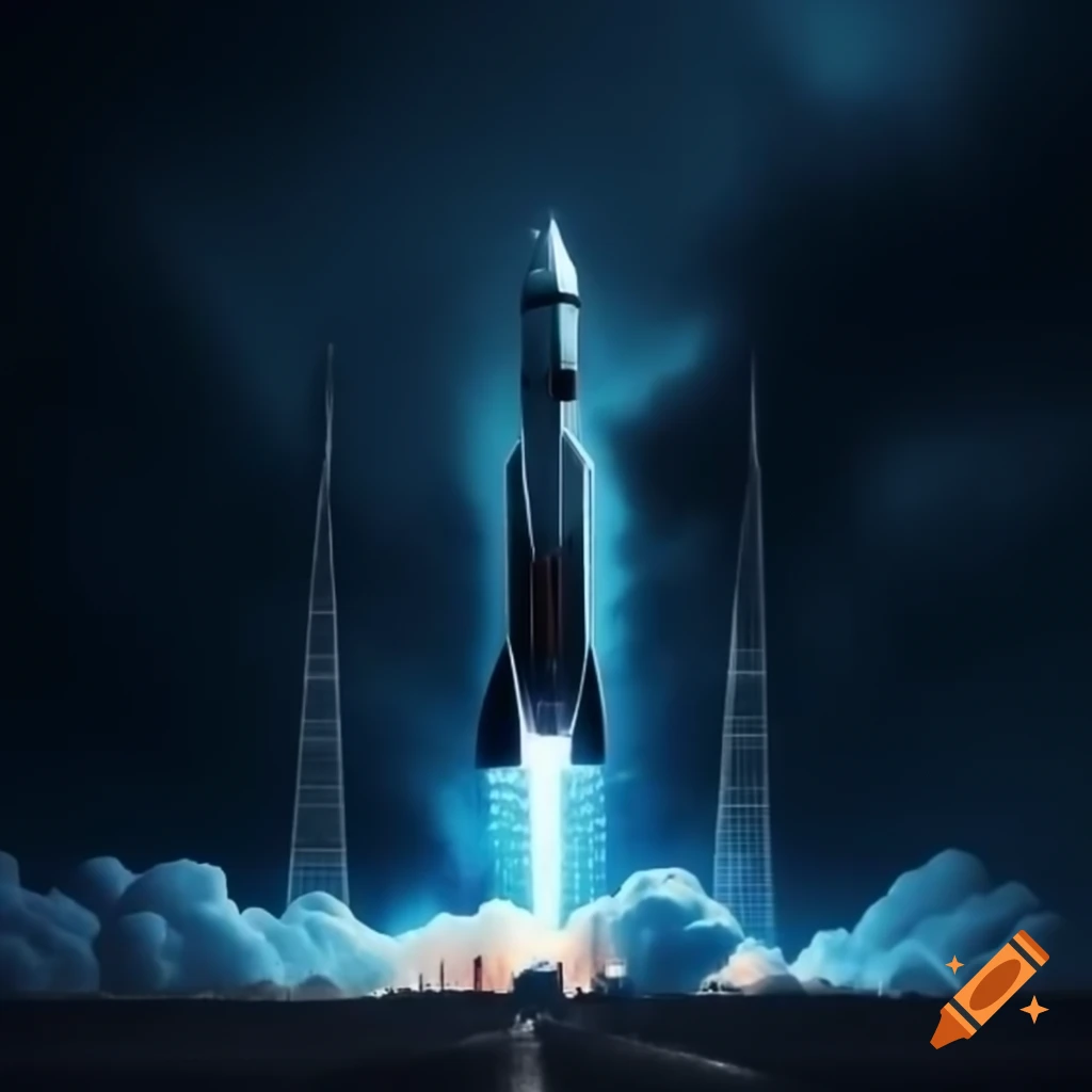 Rocket with dark blue background intertwined with futuristic AI elements