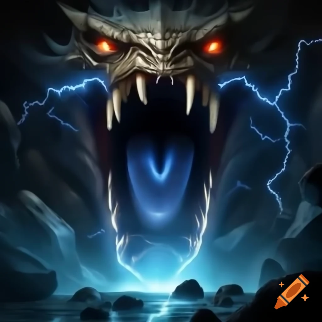 Dark cave mouth with electric rocks and glowing blue eyes resembling lightning