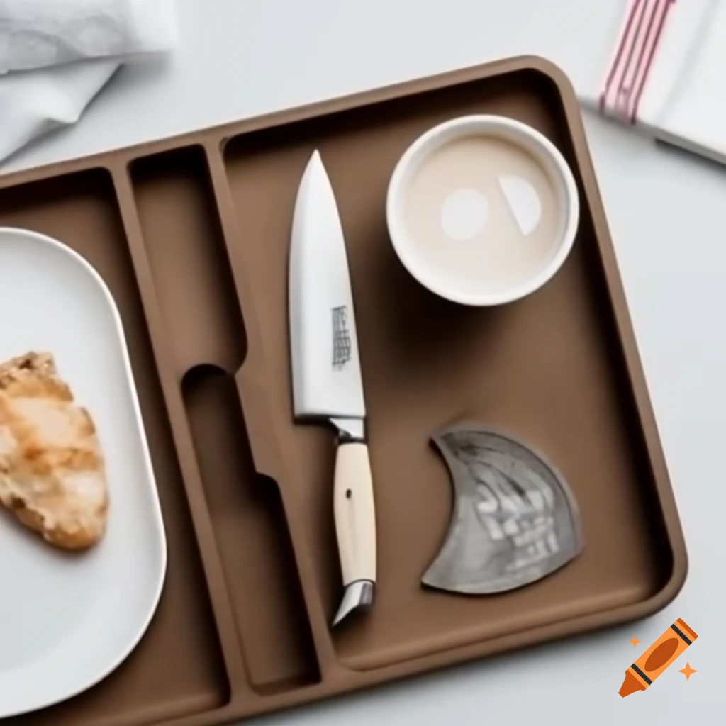 Knife, cup, and plate of rice on a tray