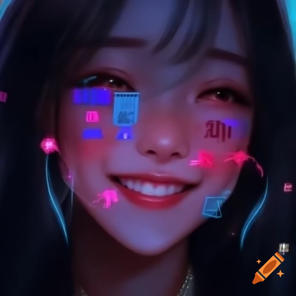 Close-up of smiling woman with sparkles in her eyes and neon reflections on her face, soft blur background
