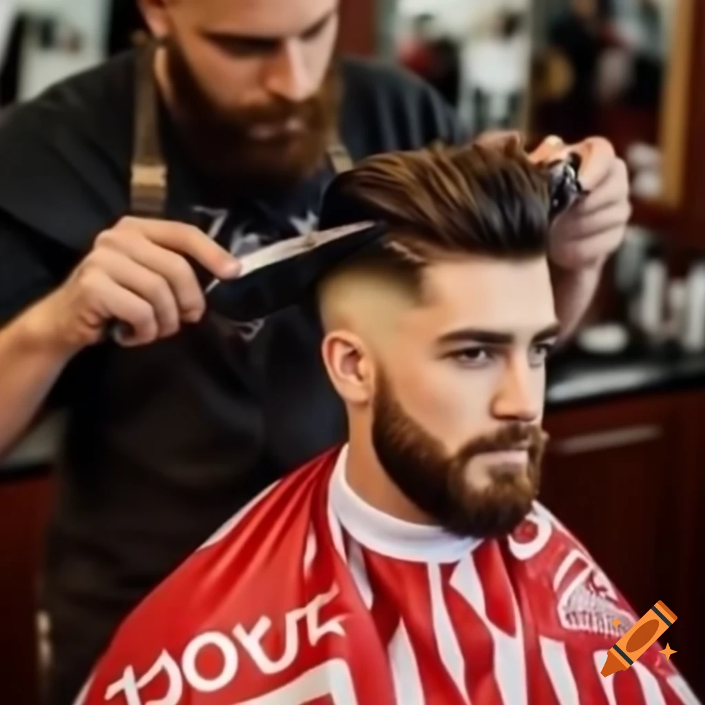 Barber cutting hair in Manchester United retro shirt, focused on stylish appearance
