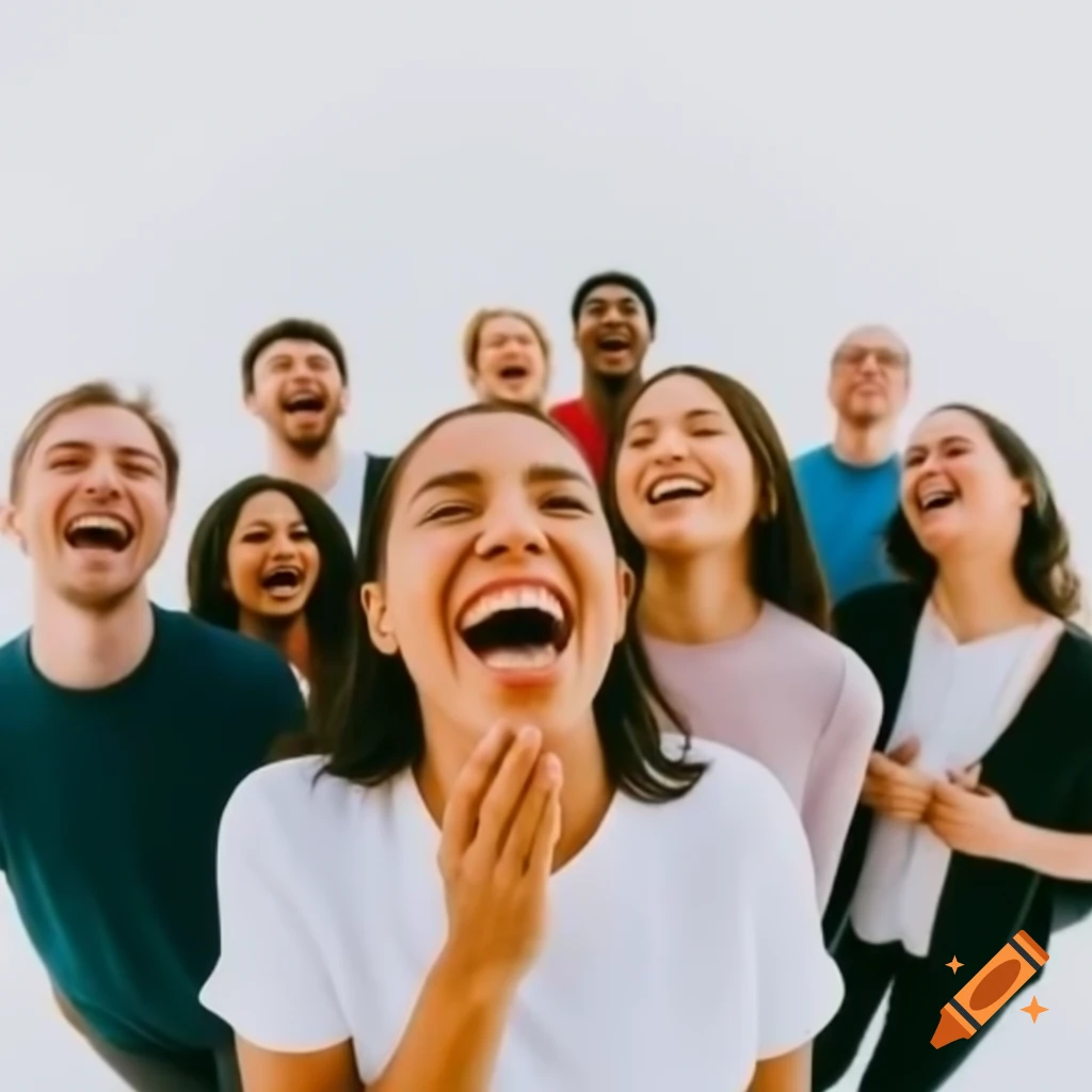 Group of joyful people in their 40s singing in a choir against a white background