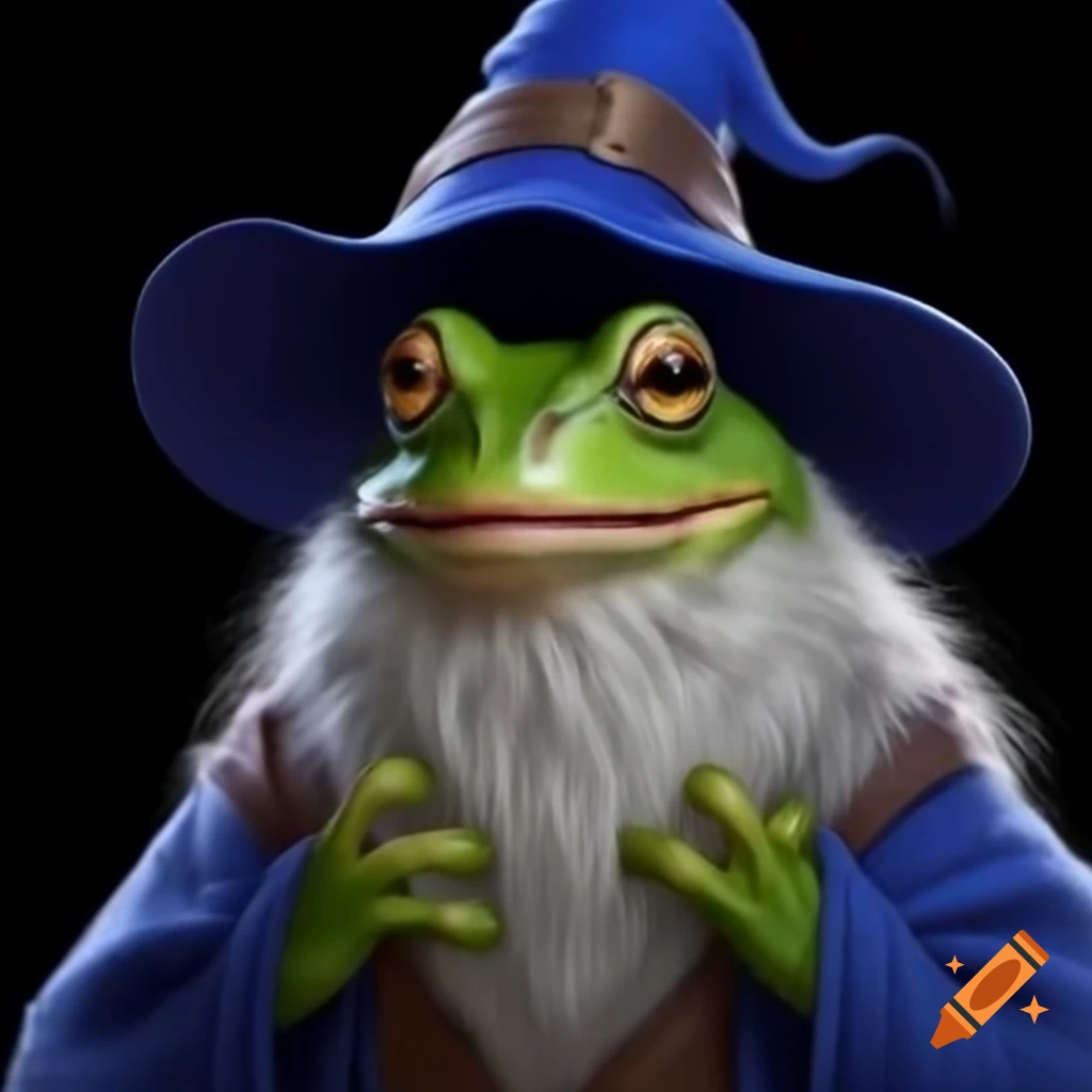 Frog wizard with white beard and blue wizard hat and coat