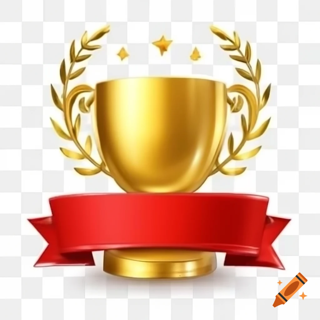 3D golden trophy cup with ornate handles and red badge with laurel wreaths