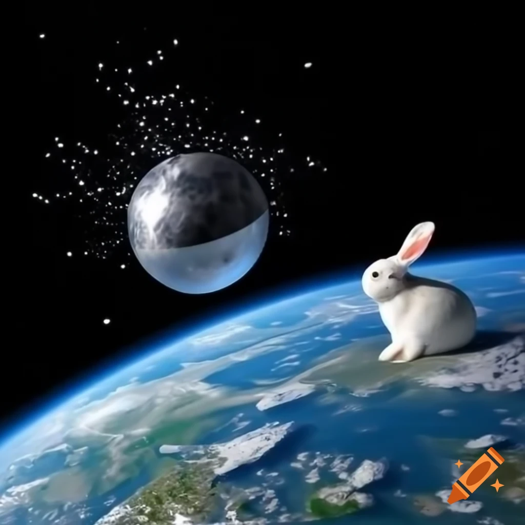 3D scene of bunny sitting next to iron balls falling on Earth