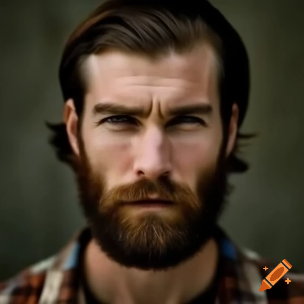 Broad-shouldered man with brown hair and beard in plaid shirt on Craiyon
