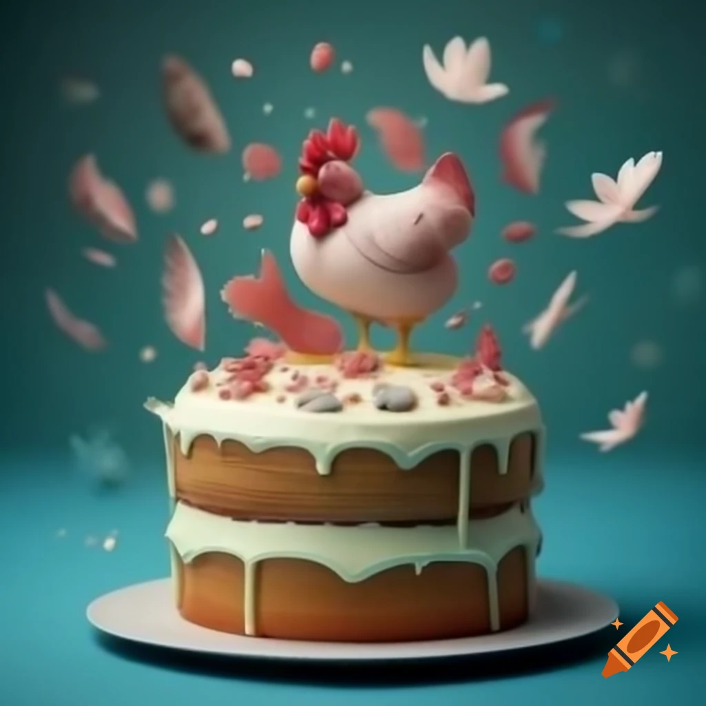 Unrealistic messy cake with imaginative elements like floating raw fish and chicken flavor