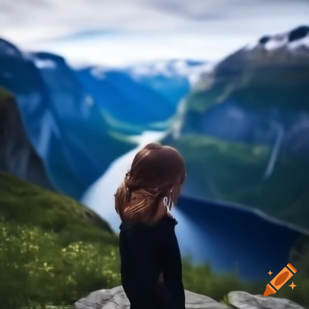 Woman with brown hair and blue eyes standing on cliffs of Norway