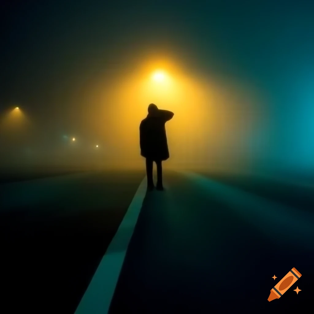 Foggy road with glowing streetlight and a solitary man holding a cigarette