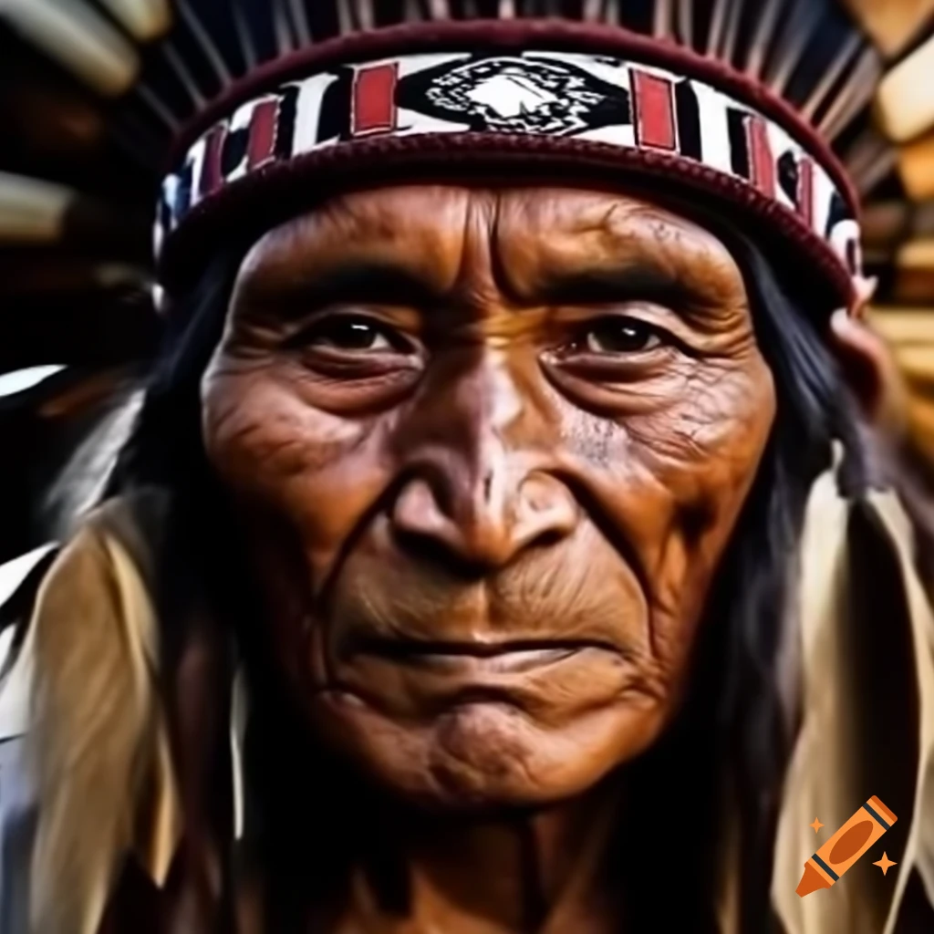 South American shaman in tribal headdress smiling with intense gaze