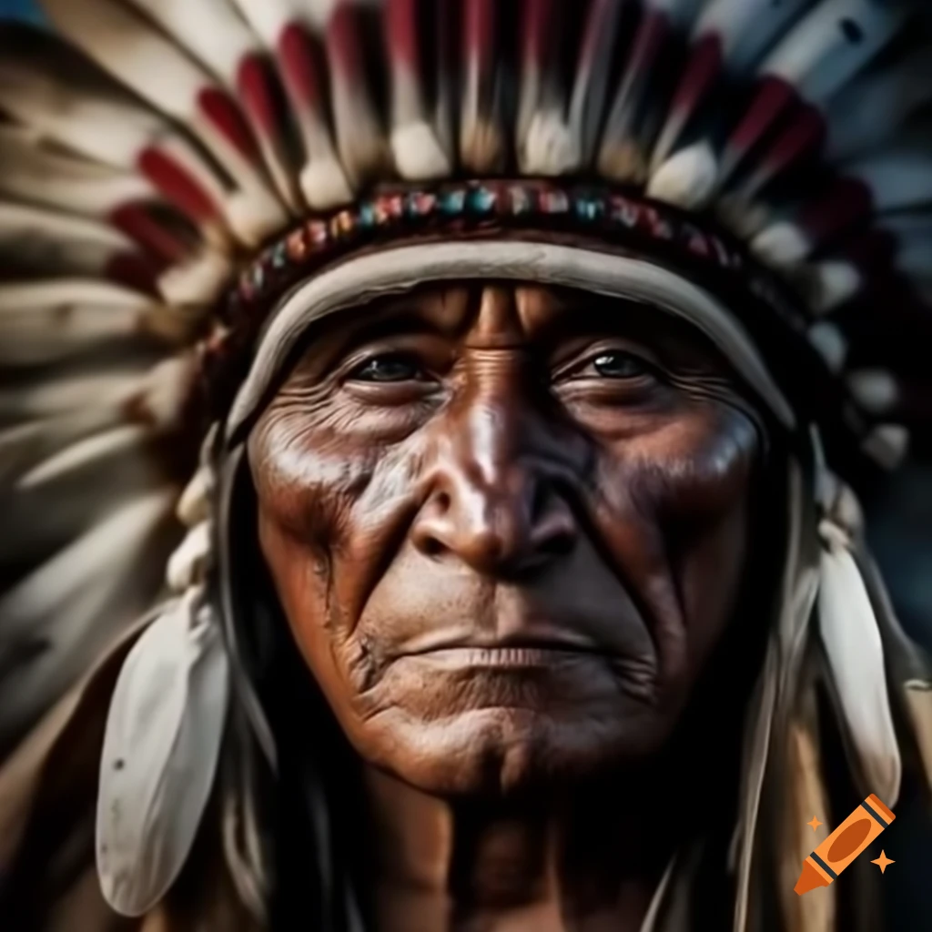 Wize Expression Indigenous Southwestern Shaman with feathered headdress, wise ...