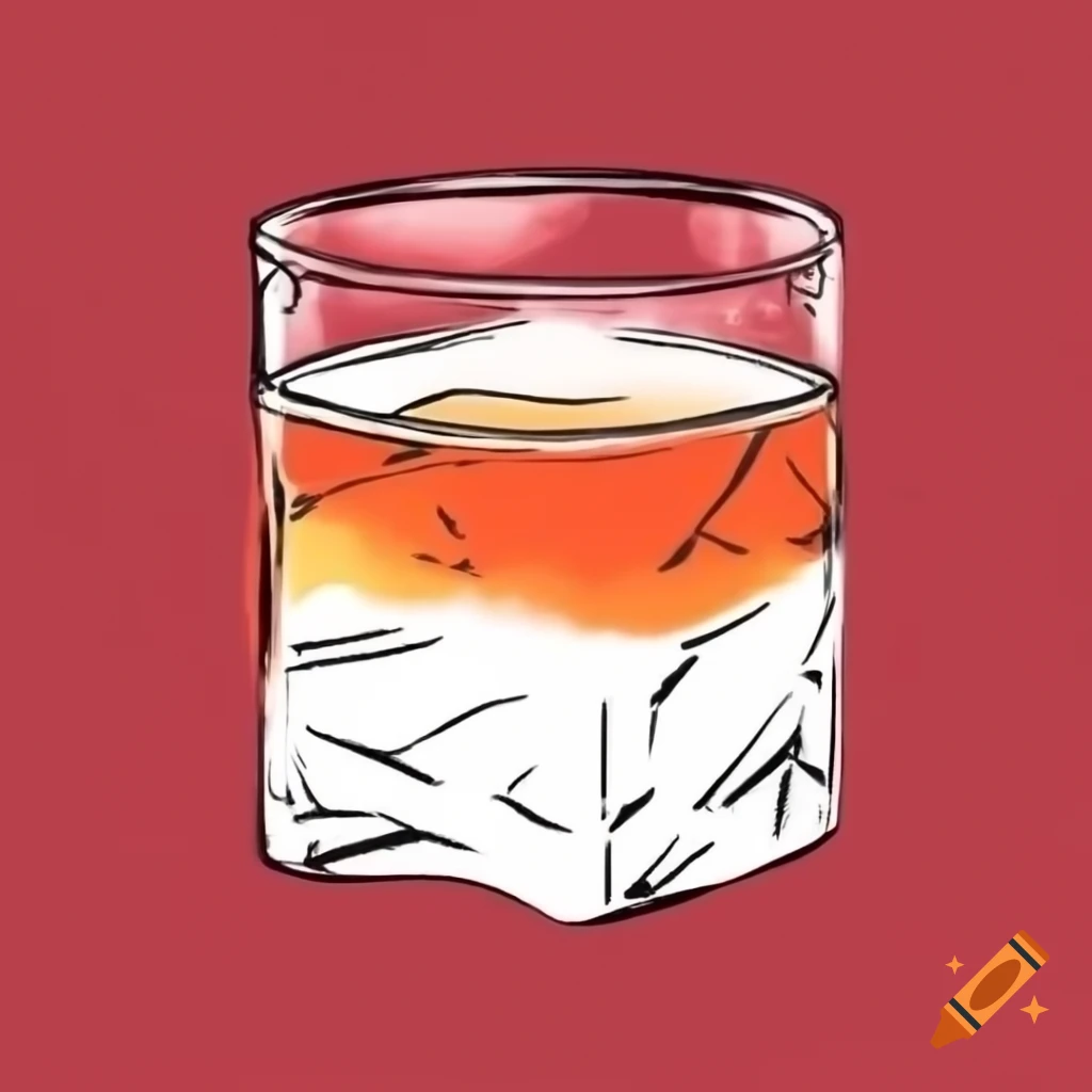 Sketch of light red cocktail in rocks glass with big ice cube and meringue cookie
