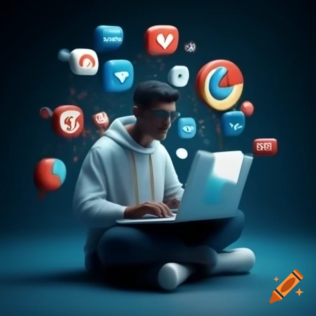 Person at laptop with floating social media and SEO icons symbolizing digital marketing