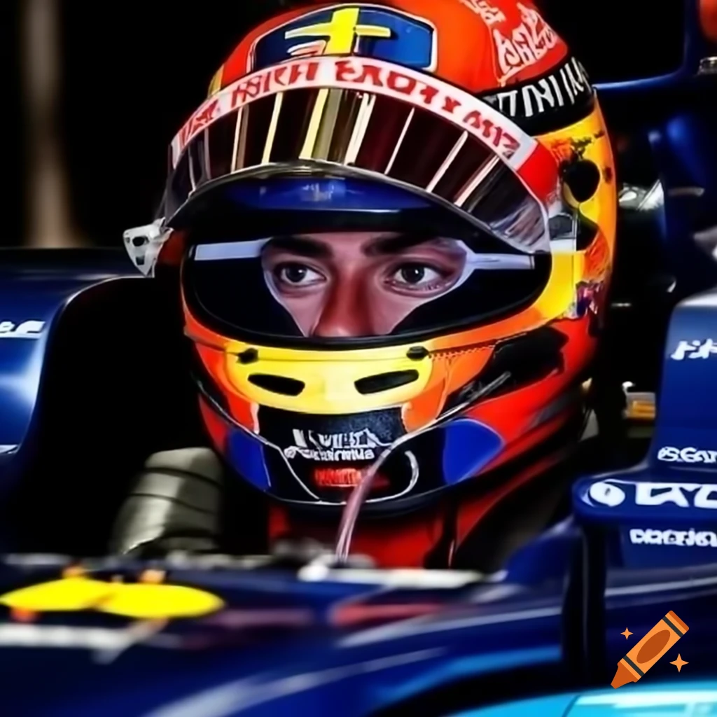 Close-up of Formula 1 driver in racing suit with focused expression on ...