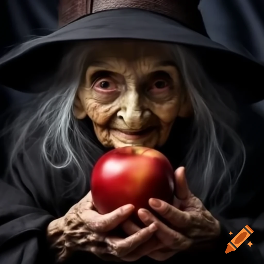 Old witch holding poisonous red apple