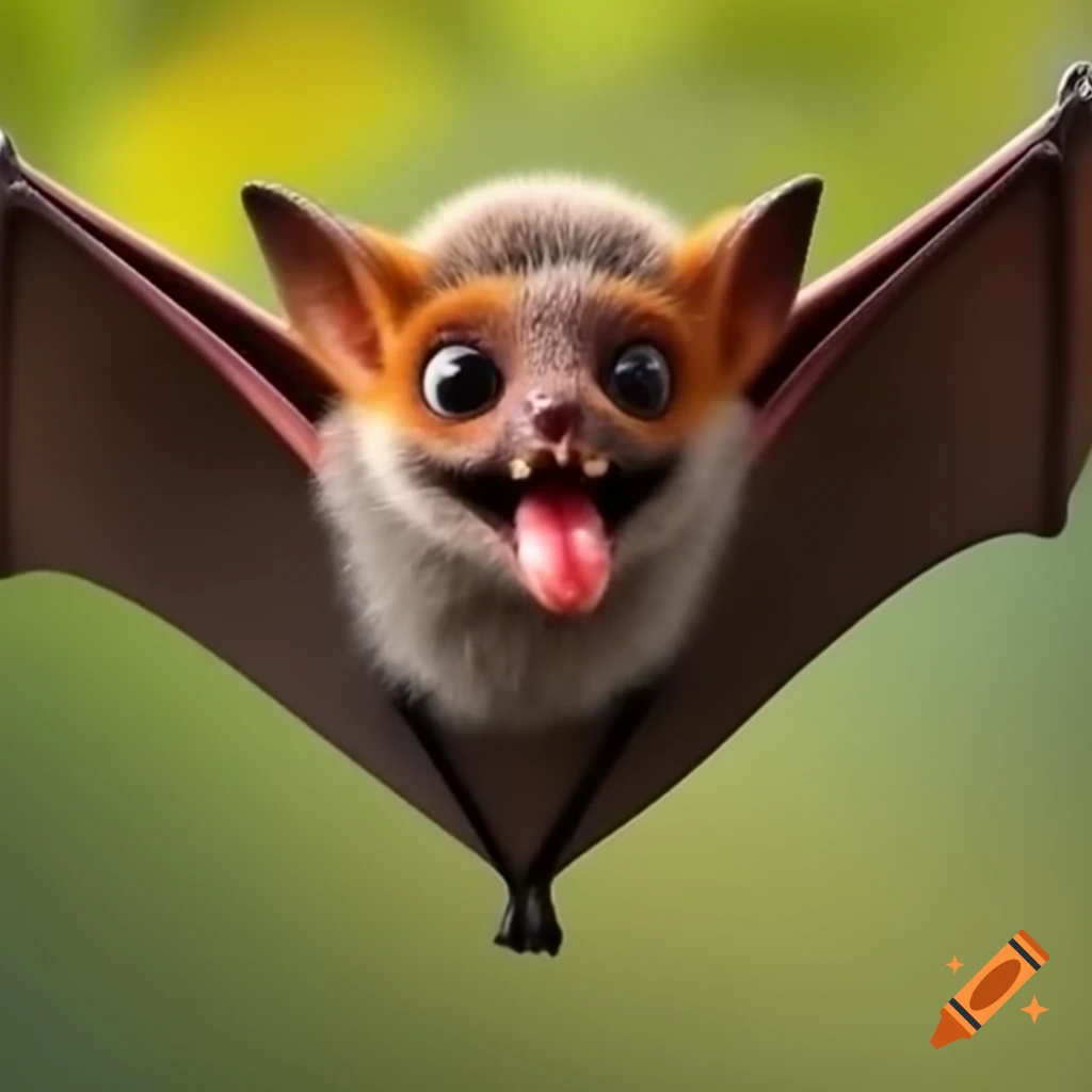 Cute fruit bat in popcat meme style with big eyes and funny expression