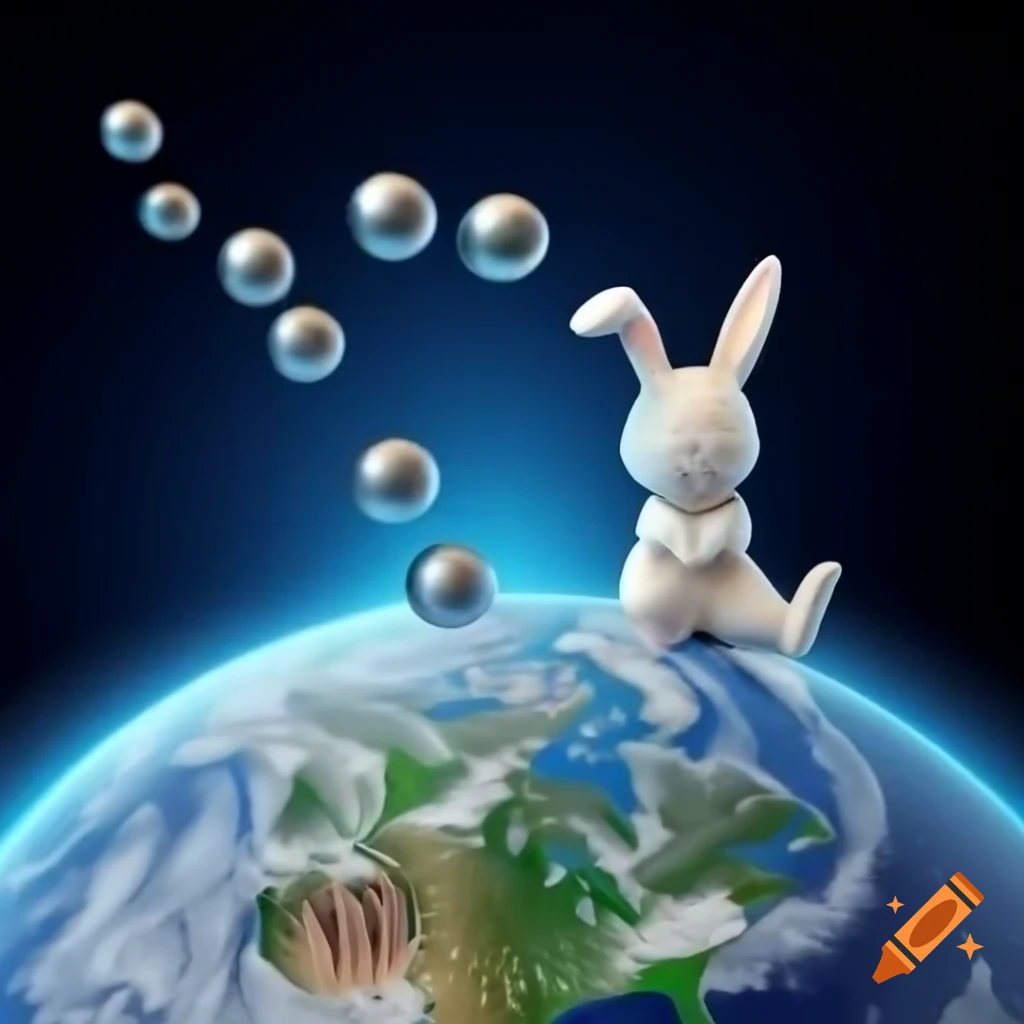3D scene of bunny sitting next to iron balls falling on Earth