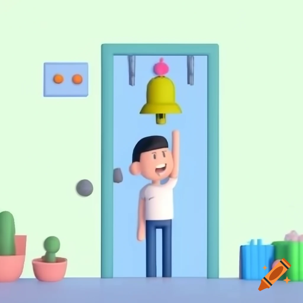 Minimal digital art of a boy standing in front of a door with doorbell switch
