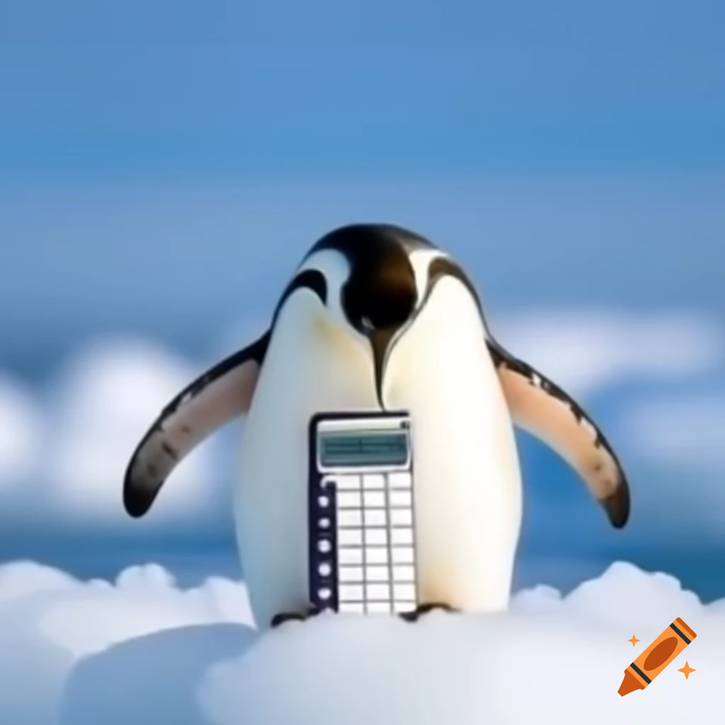 Penguin holding a calculator on ice