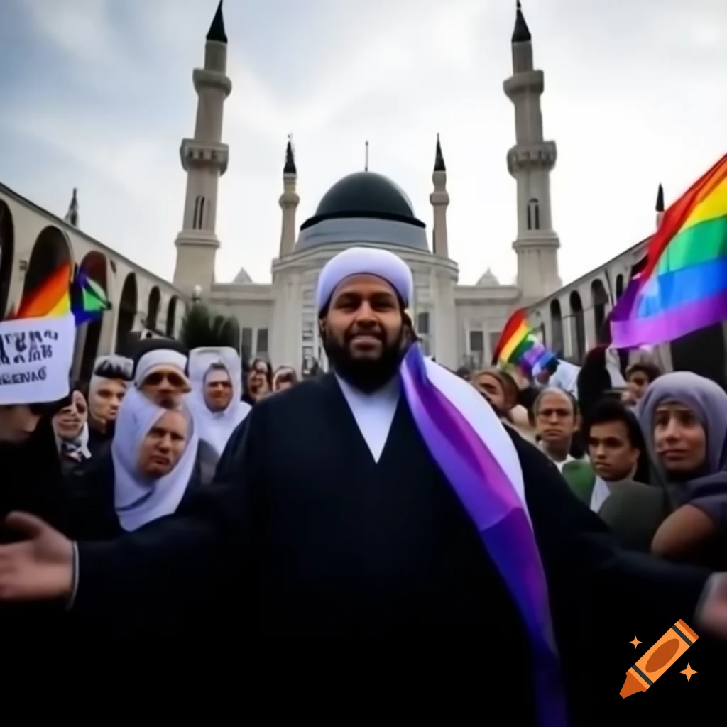 Man in Muslim attire in front of mosque with diverse supporter group including LGBTQ and political supporters