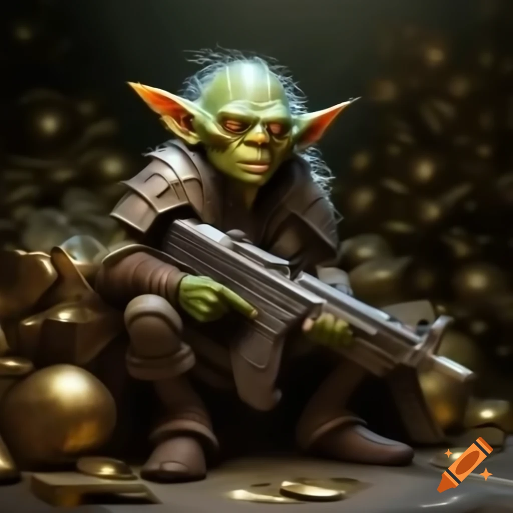 Fantasy goblin lounging beside piles of gold with rifle