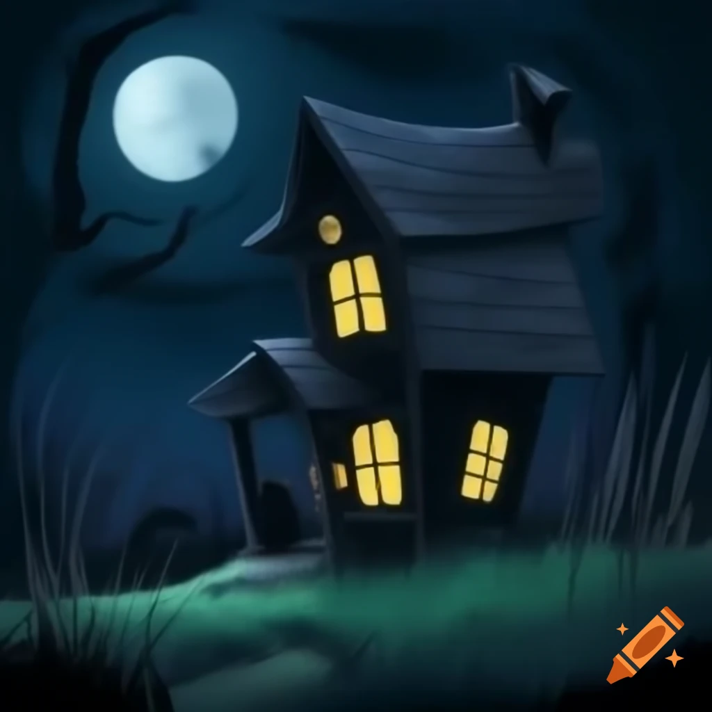 Dark, scary house with moon and grass