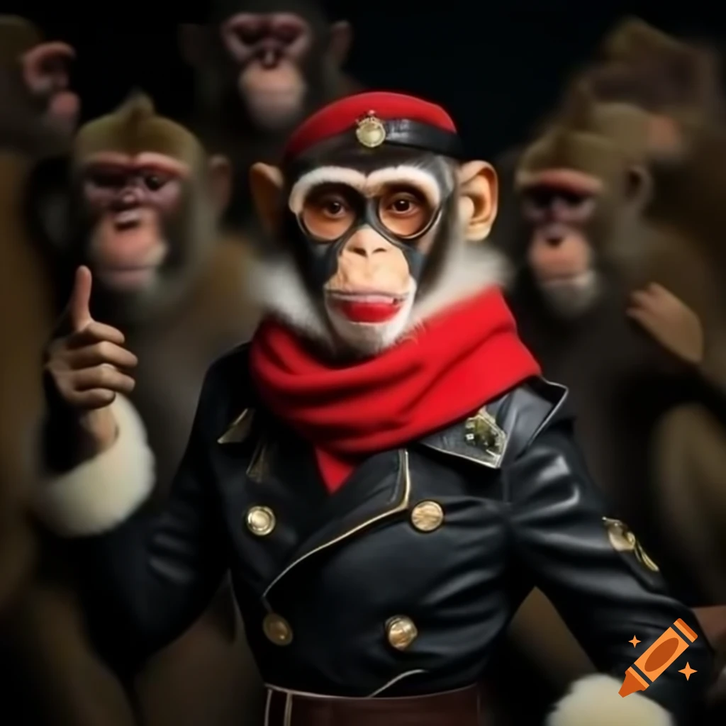 Stylish female monkey in red scarf and sunglasses, showcasing attitude with background monkeys