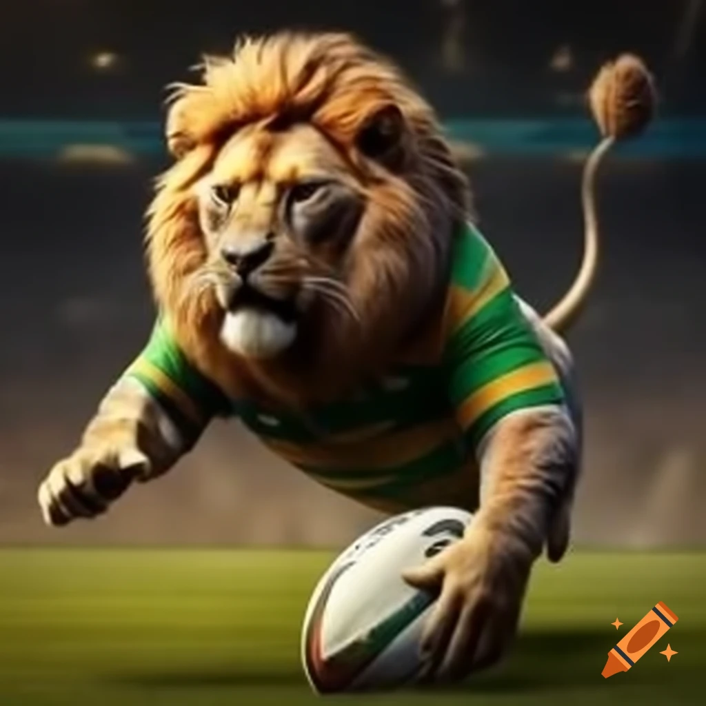 Lion in green and yellow rugby jersey kicking penalty with rugby ball