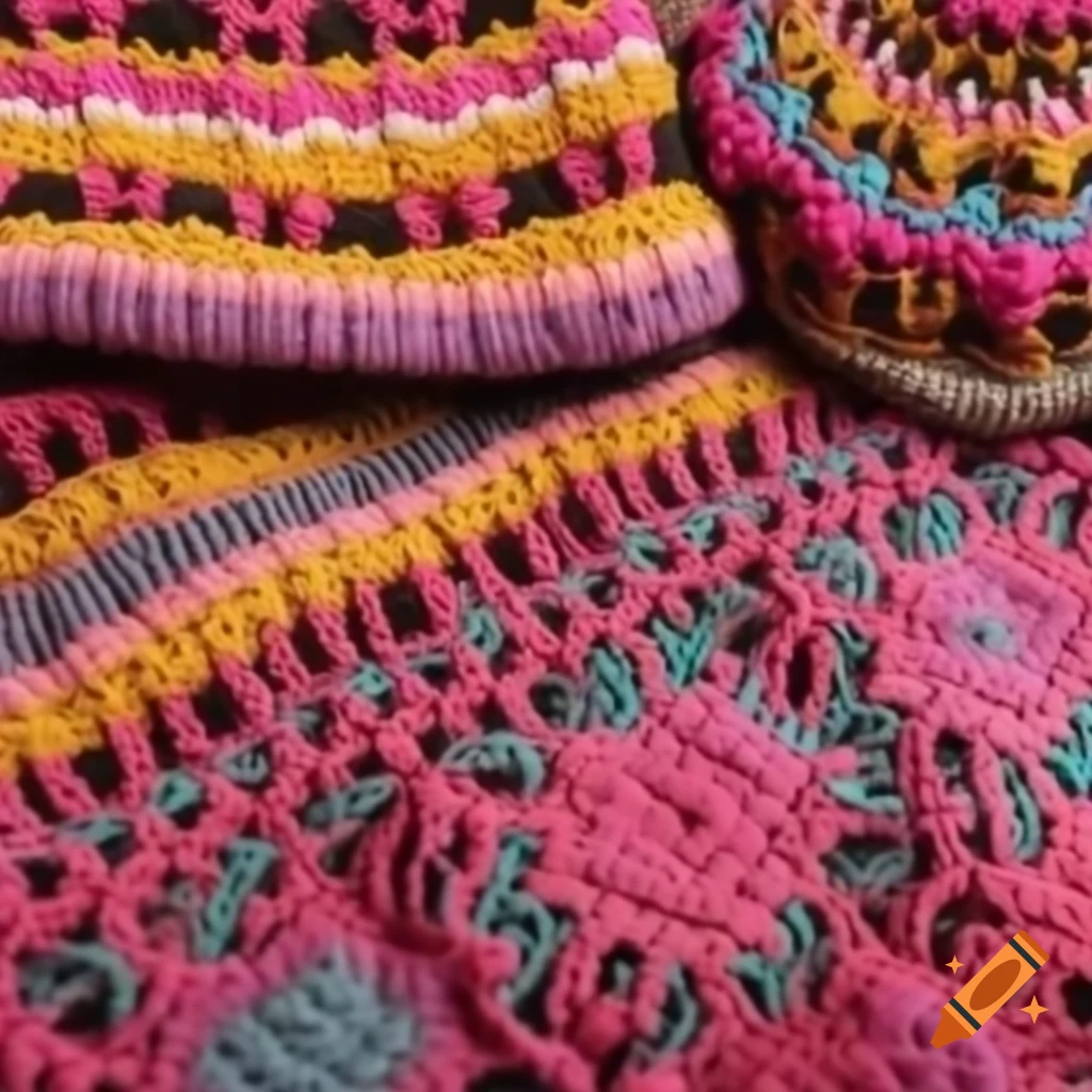 Crochet clothing items displayed aesthetically