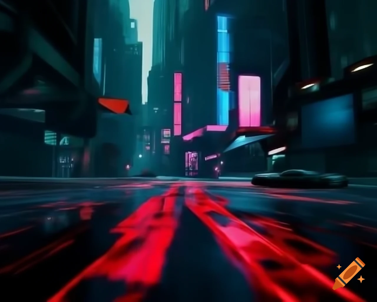 Vibrant red mile in a futuristic cyberpunk city